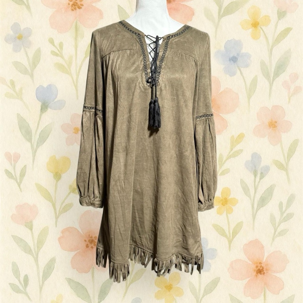 Blu Pepper Olive Green Fringe Long Sleeve Tunic Dress